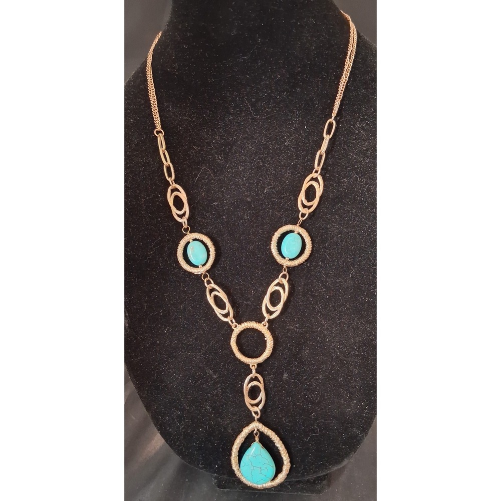 GCM Gold Tone Faux Turquoise Textured Ring Y-Necklace Statement Pendant